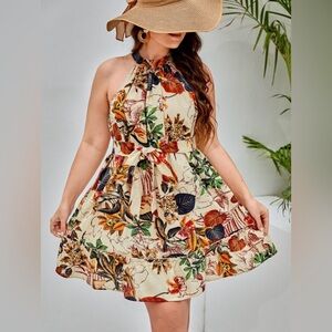 NWOT 3X Shein Curve Cotton-Blend Tropical Frill Trim Belted Halter Dress